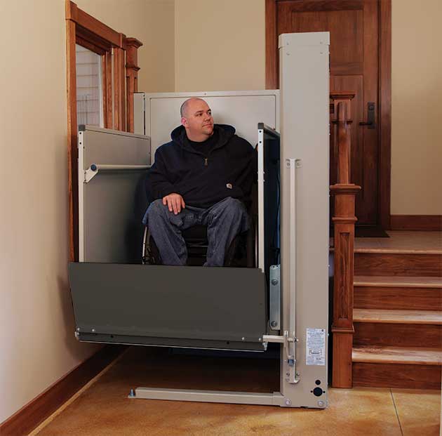 Sometimes called a porch lift, a Bruno vertical platform lift gives people in scooters and wheelchairs the ability to easily enter/exit their home. Suitable for indoor or outdoor use, Bruno vertical platform lifts also provide access up to 14 feet for decks and basements