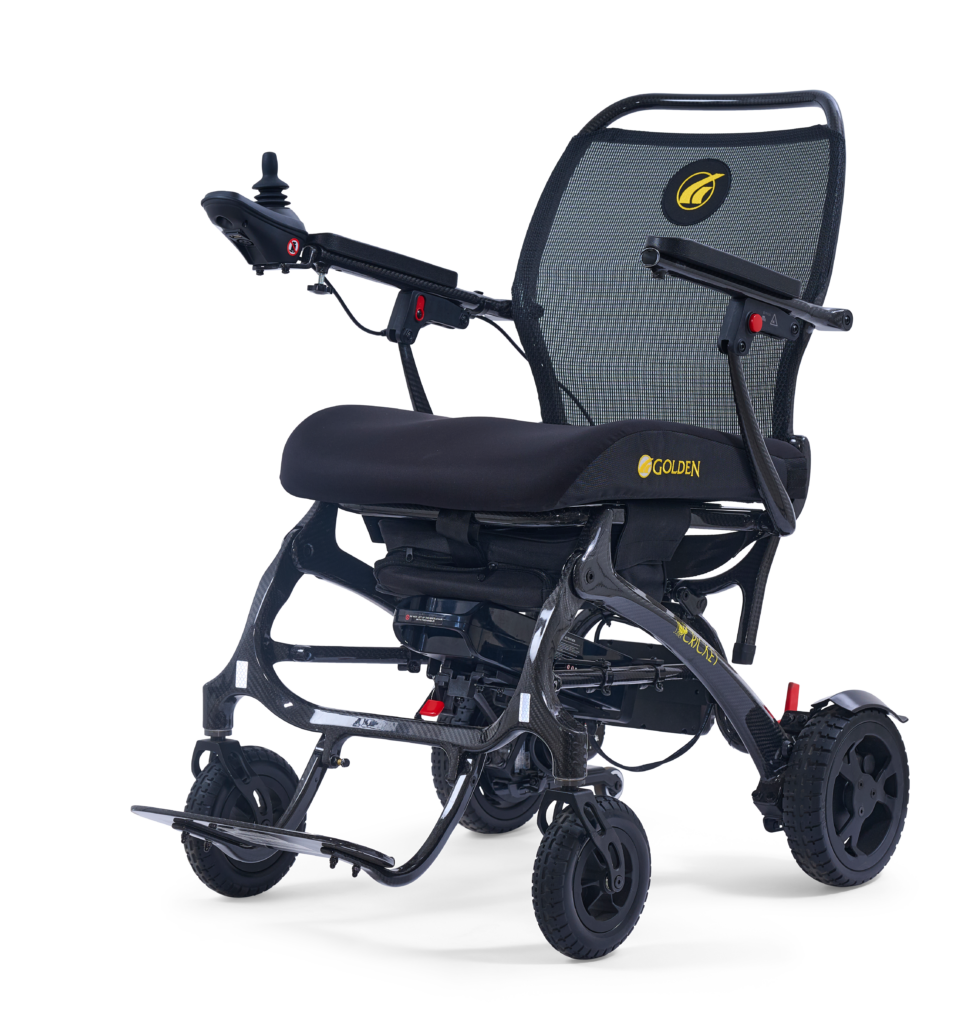 The Cricket Folding Electric Wheelchair by Golden Technologies, model GP302, carbon fiber frame, three-quarter view